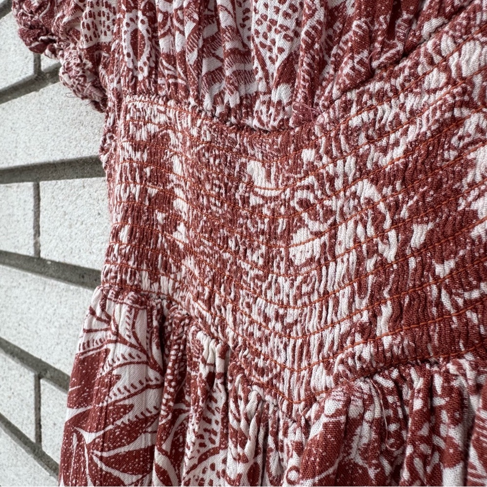 ANGIE Rust Red White Boho Floral Smocked Waist Tie Front Rayon Romper M Festival - Picture 7 of 10